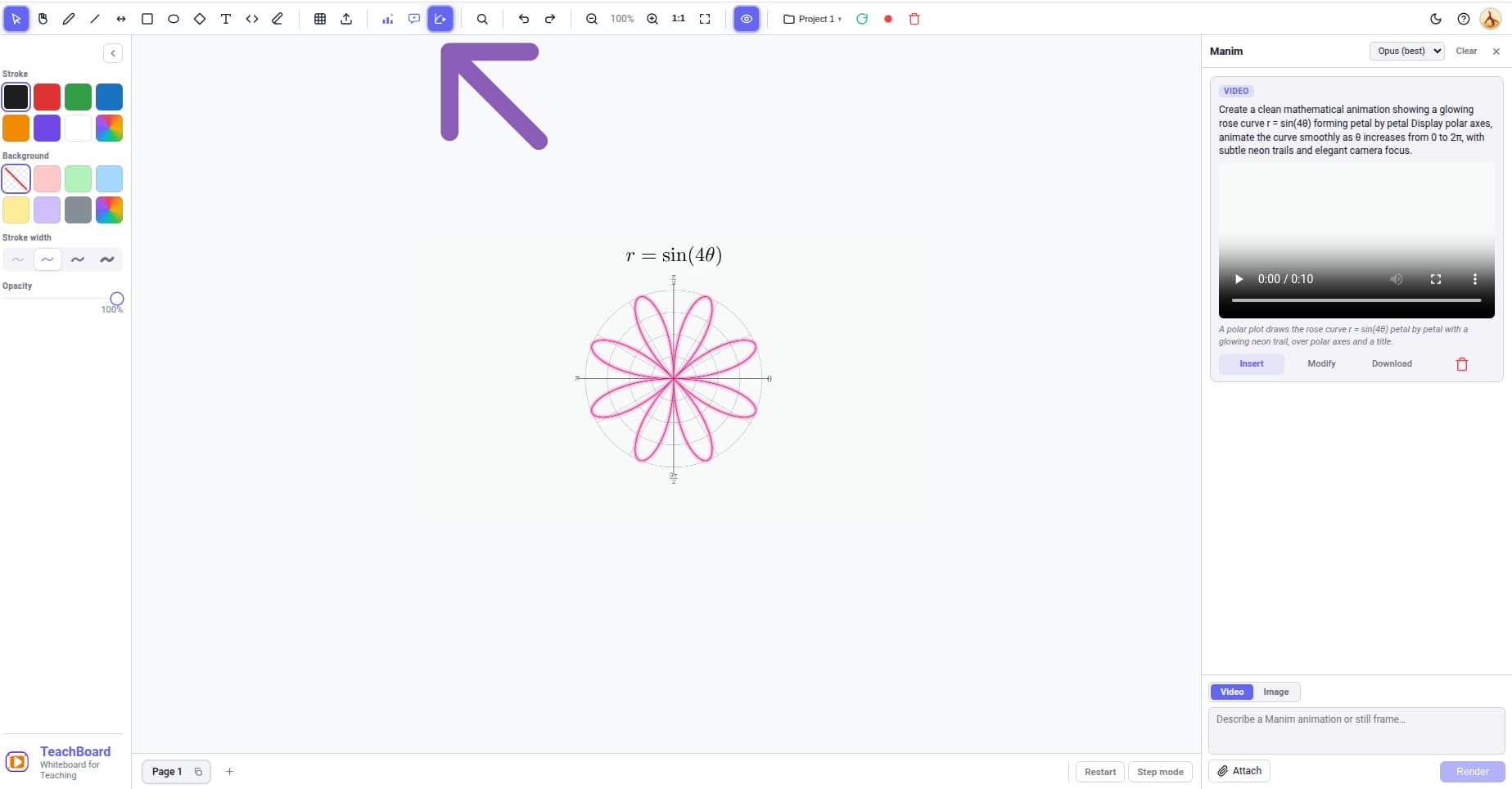 Manim animation generator in TeachBoard